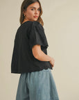 Black Tie Front Collared Lace Top