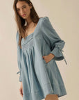 Denim Square-Neck Long-Sleeve Babydoll Dress