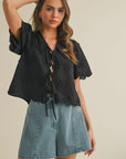 Black Tie Front Collared Lace Top