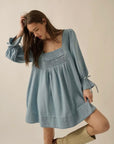 Denim Square-Neck Long-Sleeve Babydoll Dress