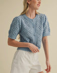 Blue Cropped Pointelle Button Down Sweater Cardigan