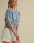 Blue Cropped Pointelle Button Down Sweater Cardigan