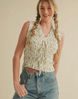 Smocked Ruffle Tie Front Top