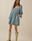 Denim Square-Neck Long-Sleeve Babydoll Dress