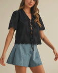 Black Tie Front Collared Lace Top