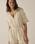 Collared Exposed-Seam Solid Rib-Knit Romper