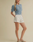 Blue Cropped Pointelle Button Down Sweater Cardigan