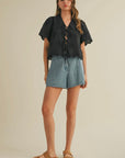 Black Tie Front Collared Lace Top