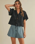 Black Tie Front Collared Lace Top