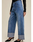 Cuffed Wide Leg Denim Pants