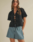 Black Tie Front Collared Lace Top