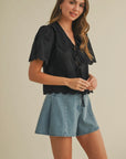Black Tie Front Collared Lace Top