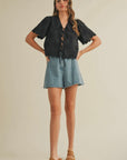 Black Tie Front Collared Lace Top