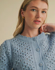 Blue Cropped Pointelle Button Down Sweater Cardigan