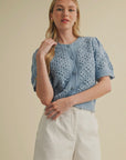 Blue Cropped Pointelle Button Down Sweater Cardigan