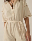 Collared Exposed-Seam Solid Rib-Knit Romper