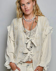 Double Gauze Embroidery Lace Trim Tie-Front Top