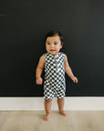 Charcoal Wavy Checkered Short Romper