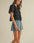 Black Tie Front Collared Lace Top