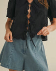 Black Tie Front Collared Lace Top