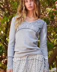 V-Neck Full Sleeve Floral Contrast Solid Top