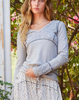 V-Neck Full Sleeve Floral Contrast Solid Top