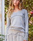 V-Neck Full Sleeve Floral Contrast Solid Top