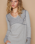 V-Neck Full Sleeve Floral Contrast Solid Top