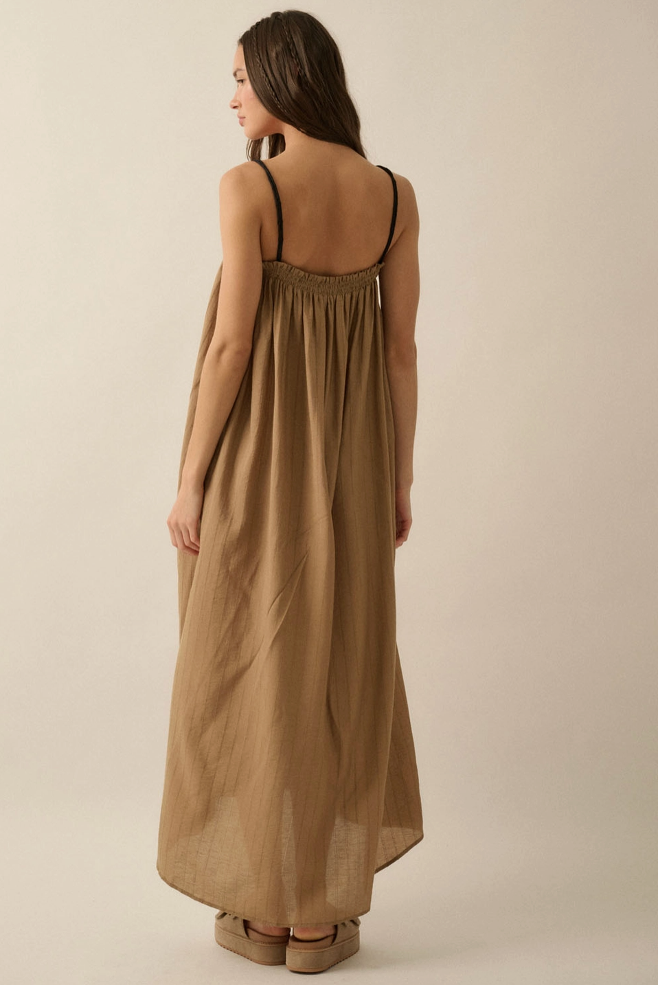 Tonal-Stripe Drawstring-Neckline Maxi Sack Dress