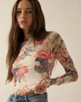 Floral-Print Mesh Mock-Neck Thumbhole Top