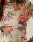 Floral-Print Mesh Mock-Neck Thumbhole Top