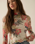 Floral-Print Mesh Mock-Neck Thumbhole Top