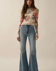 Floral-Print Mesh Mock-Neck Thumbhole Top