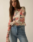Floral-Print Mesh Mock-Neck Thumbhole Top