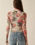 Floral-Print Mesh Mock-Neck Thumbhole Top