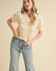 Cropped Pointelle Button Down Sweater Cardigan