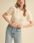 Cropped Pointelle Button Down Sweater Cardigan