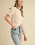 Cropped Pointelle Button Down Sweater Cardigan