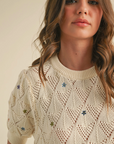 Pointelle Knit Sweater with Floral Embroidery