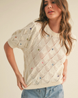 Pointelle Knit Sweater with Floral Embroidery