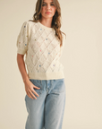 Pointelle Knit Sweater with Floral Embroidery