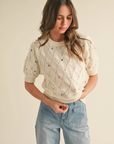Pointelle Knit Sweater with Floral Embroidery