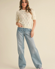 Pointelle Knit Sweater with Floral Embroidery
