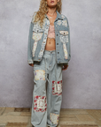 Vintage Washed Elastic Band Patchwork Pants