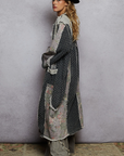 Long Sleeve Crochet Contrast Denim Maxi Length Open Cardigan