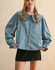 Ruffled Trim Collar Denim Shirt