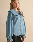 Ruffled Trim Collar Denim Shirt