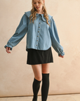Ruffled Trim Collar Denim Shirt