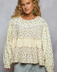 Round Neck Double Gauze Printed Trim Floral Knit Top