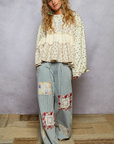 Round Neck Double Gauze Printed Trim Floral Knit Top